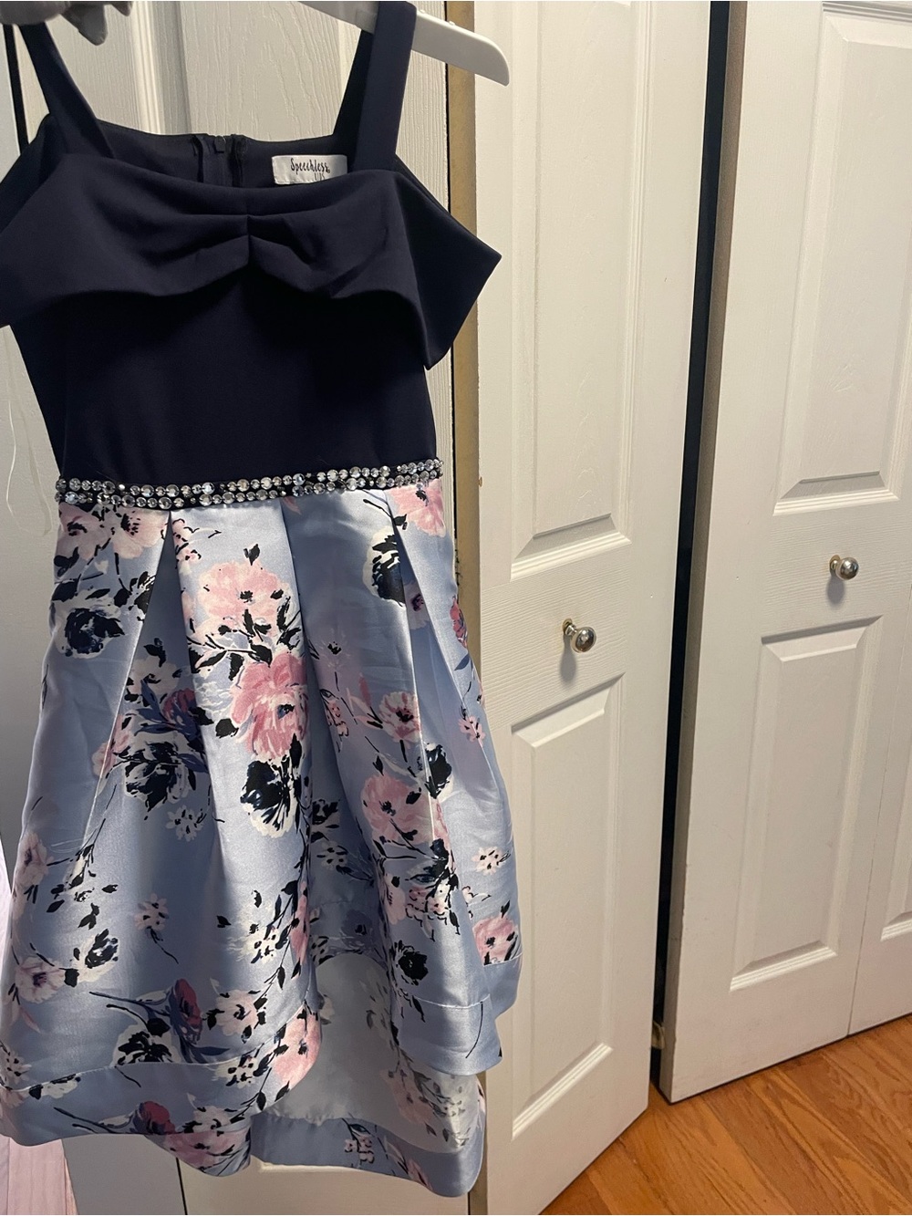 Speechless Navy Bodice with Light Blue Floral Satin Skirt Girls' Dress